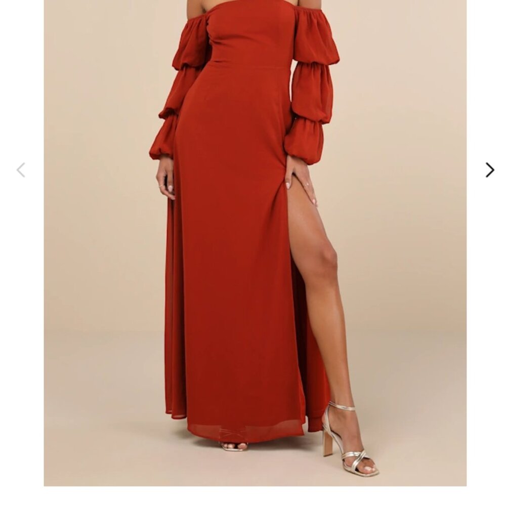 LULU'S - NEW - Demure Aura Rust Tiered Balloon Sleeve Off-the-Shoulder Dress